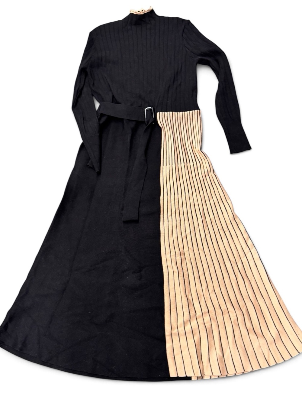 Dalia MacPhee Black Sweater Dress with Beige Pleated Panel and Belt